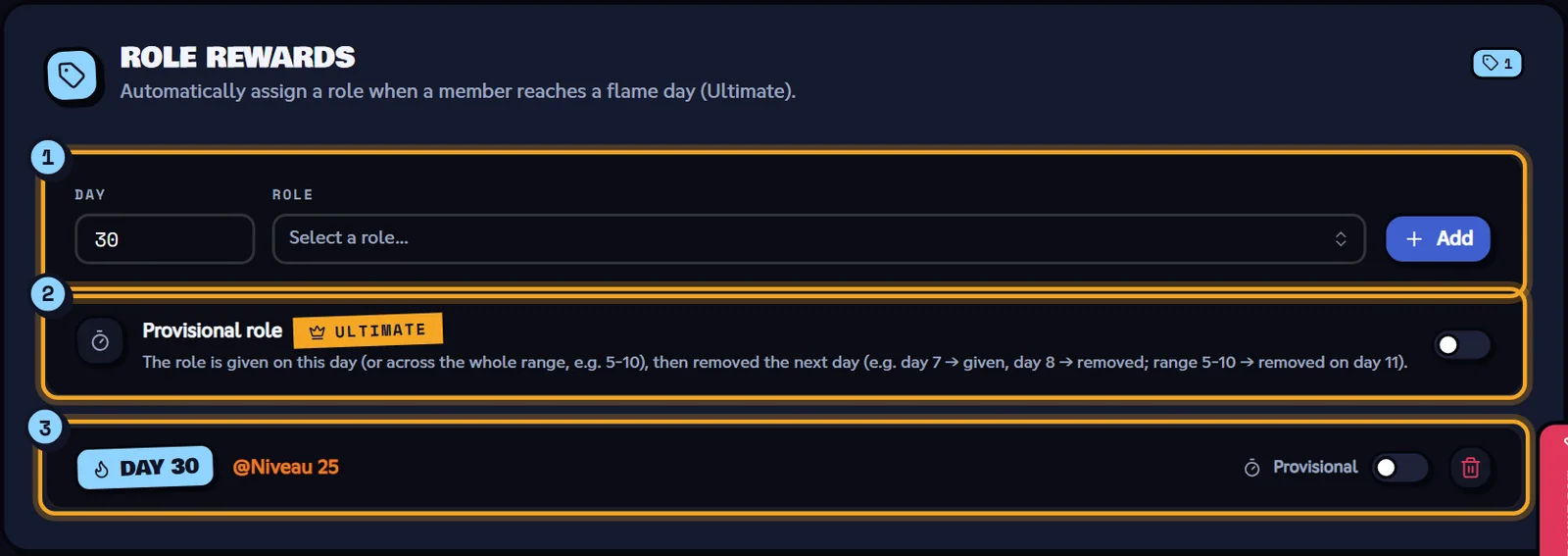 A reward on day 30 (Ultimate plan). Flame role rewards block with a reward on day 30