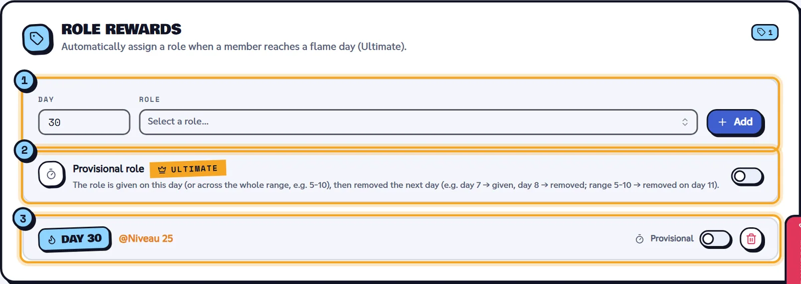 A reward on day 30 (Ultimate plan). Flame role rewards block with a reward on day 30