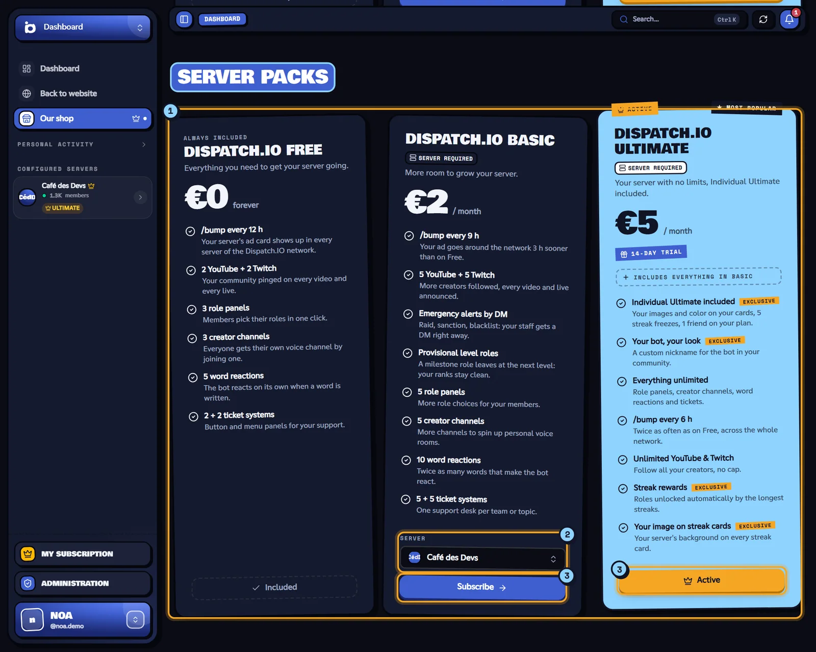 The shop, Offers tab, with the Café des Devs server pre-selected. Shop opened from a server, Server packs section