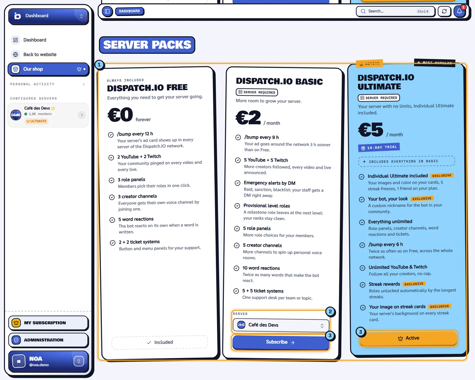 The shop, Offers tab, with the Café des Devs server pre-selected. Shop opened from a server, Server packs section
