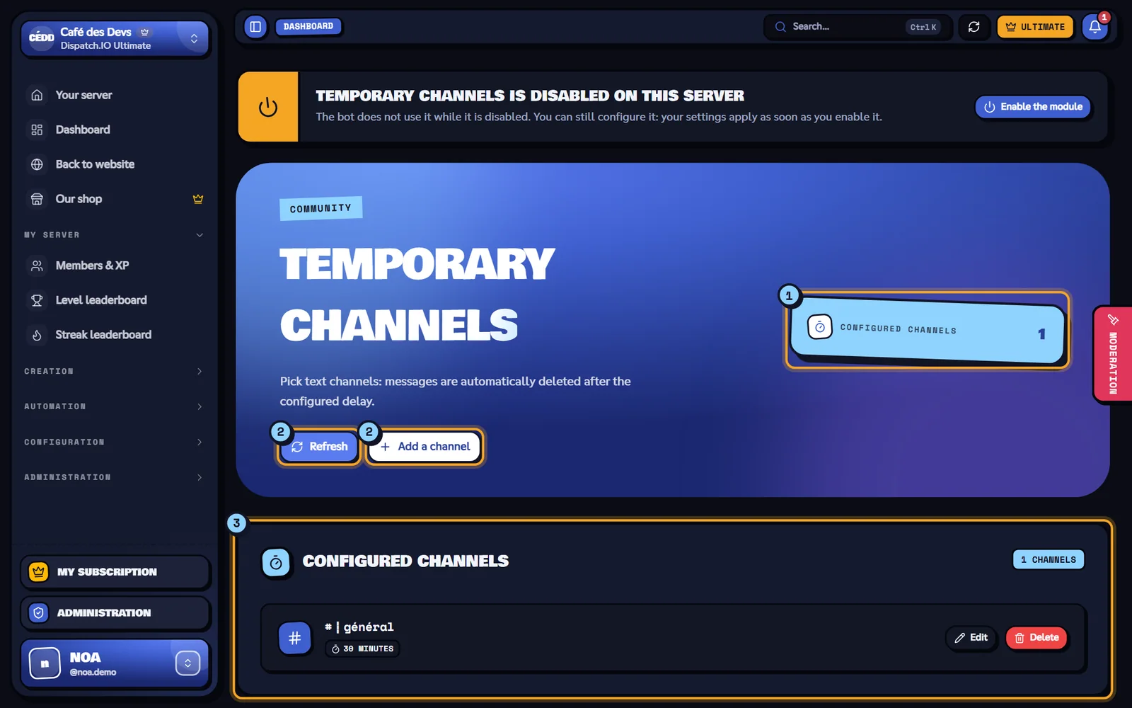 The Temporary channels page. Temporary channels page with one configured channel
