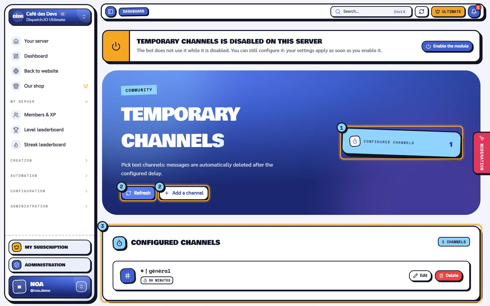 The Temporary channels page. Temporary channels page with one configured channel