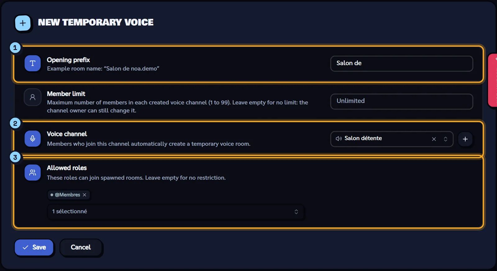 The form to add a creator channel. New temporary voice form