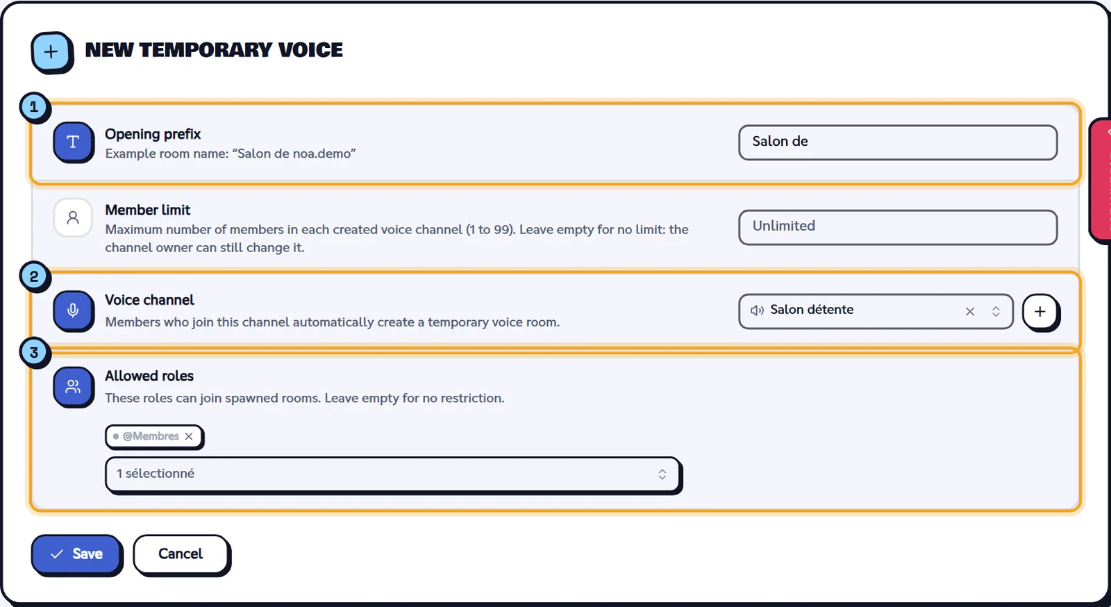 The form to add a creator channel. New temporary voice form