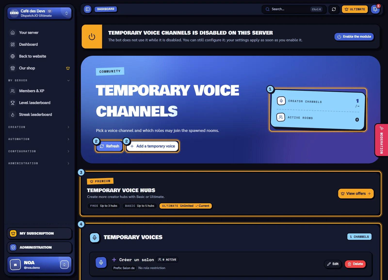 The Temporary voice channels page. Temporary voice channels page with the "➕ Créer un salon" creator channel
