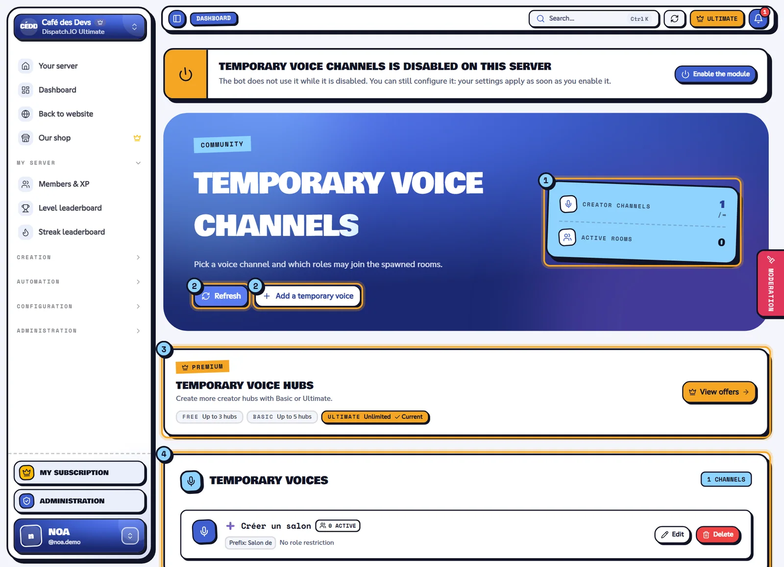 The Temporary voice channels page. Temporary voice channels page with the "➕ Créer un salon" creator channel