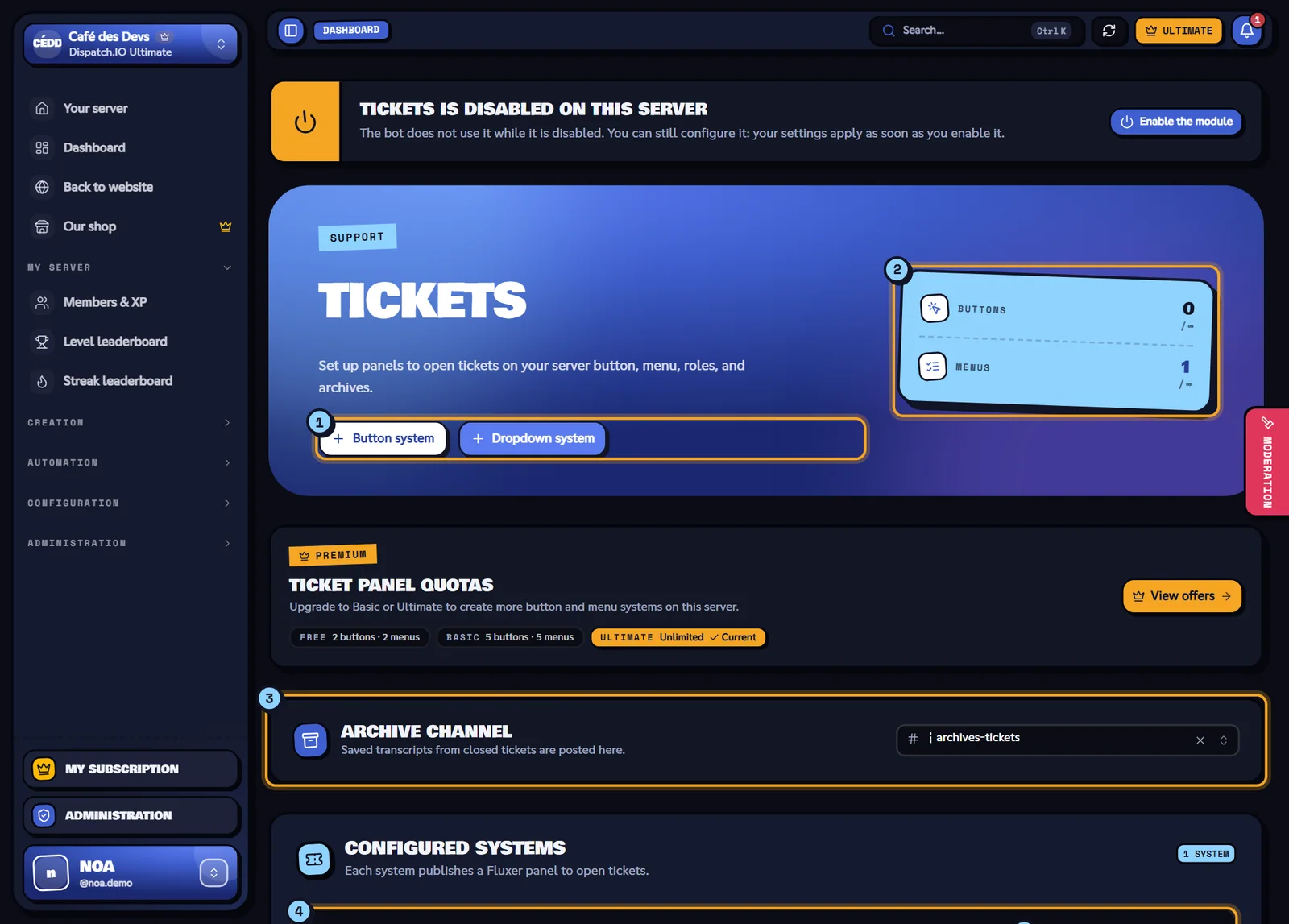 Ticket configuration of the Café des Devs server. Tickets page with the quotas, the archive channel and the configured systems