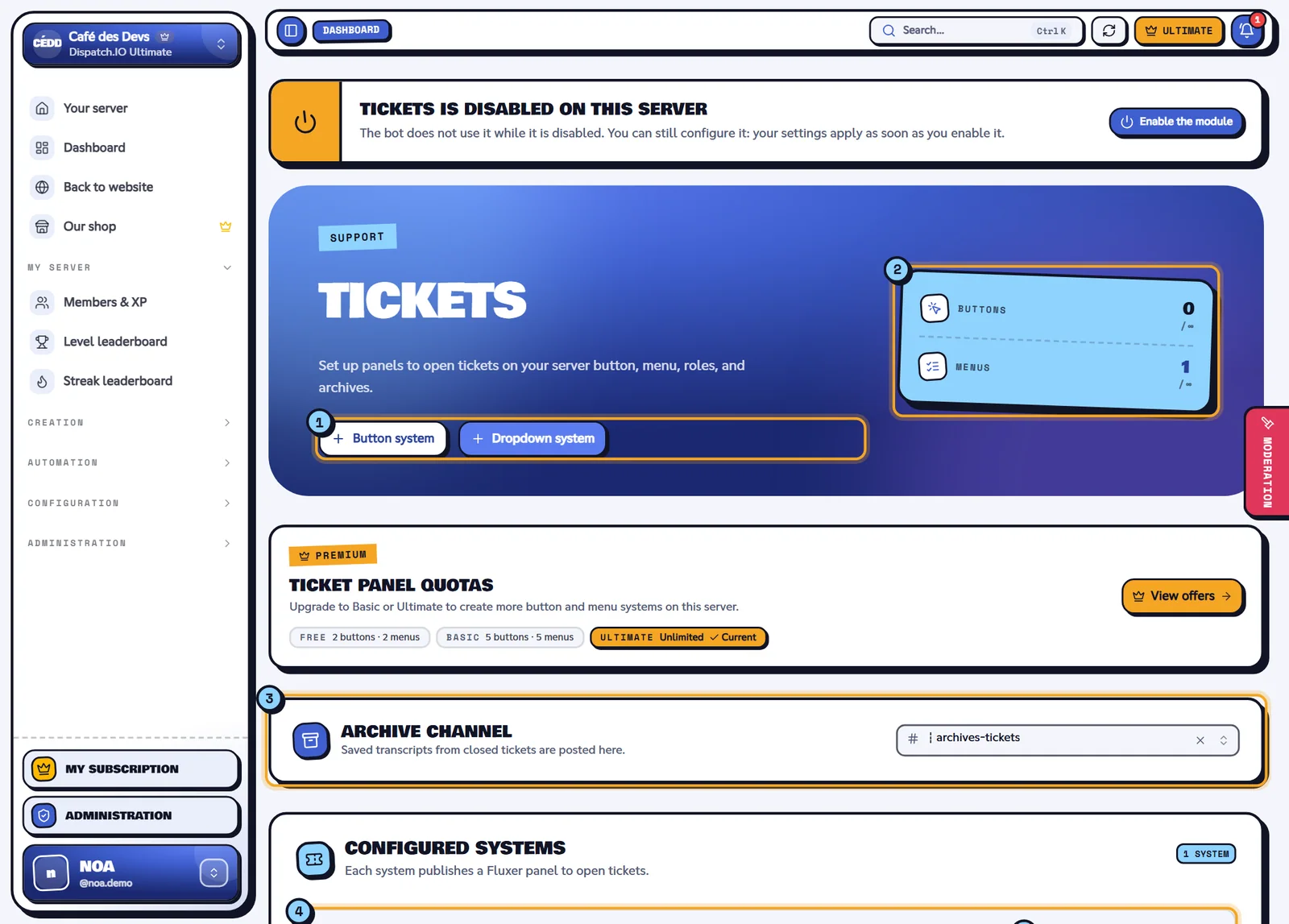 Ticket configuration of the Café des Devs server. Tickets page with the quotas, the archive channel and the configured systems
