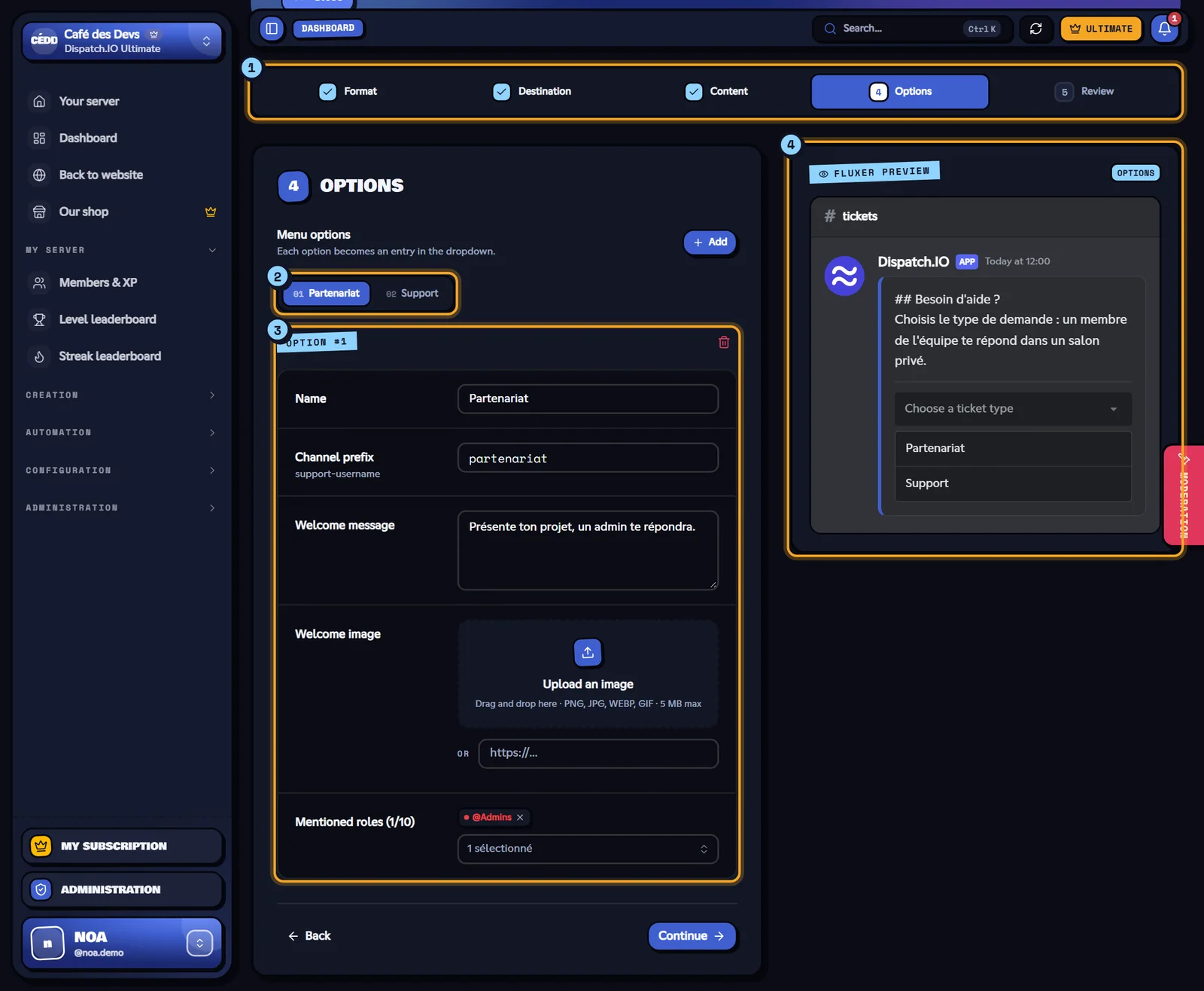 Options step of a dropdown system: two options, Support and Partenariat. Dropdown system editor at the Options step, with the Fluxer preview of the panel