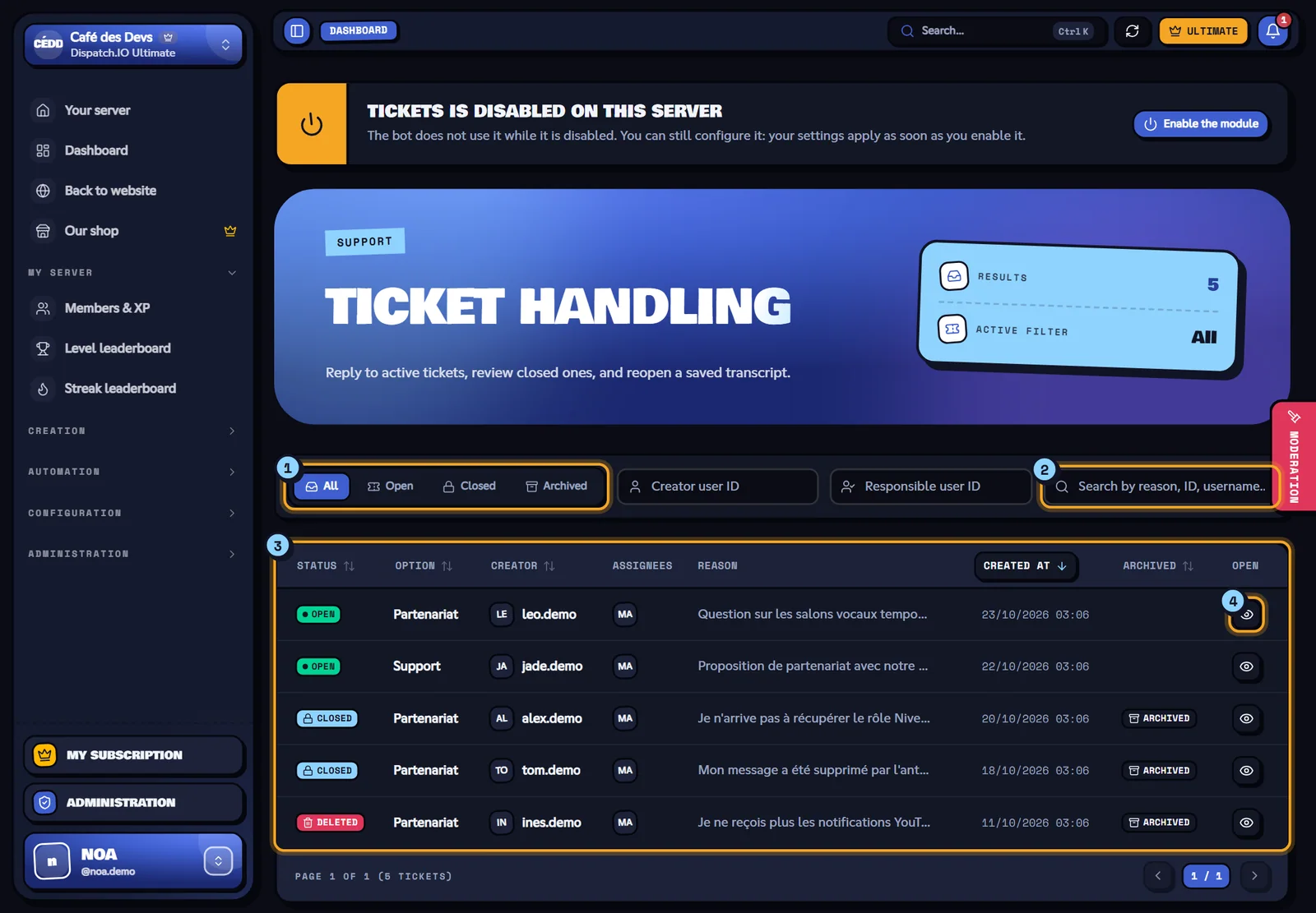 The five tickets of the Café des Devs server. Ticket list with the status filters, the search and the table