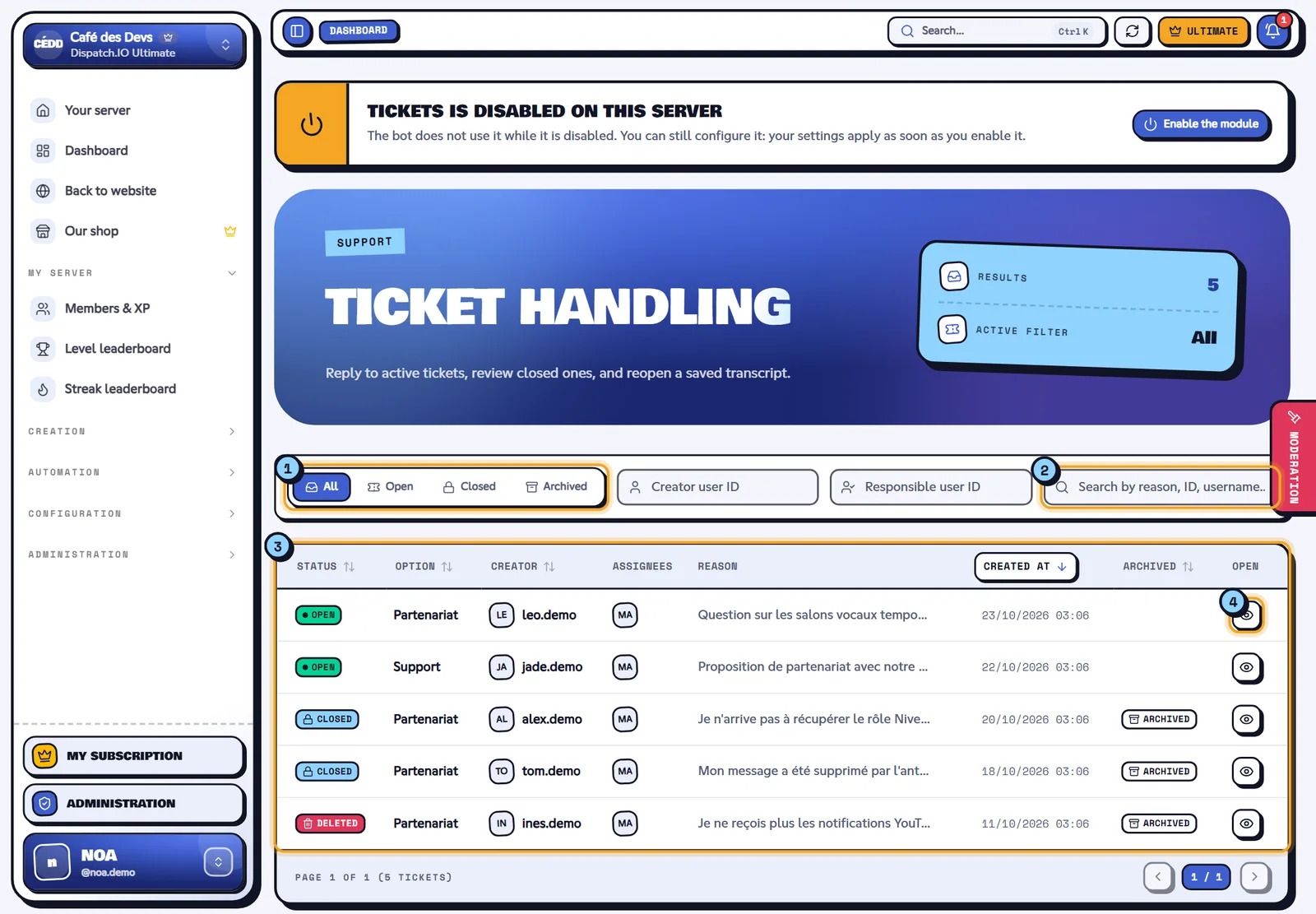 The five tickets of the Café des Devs server. Ticket list with the status filters, the search and the table