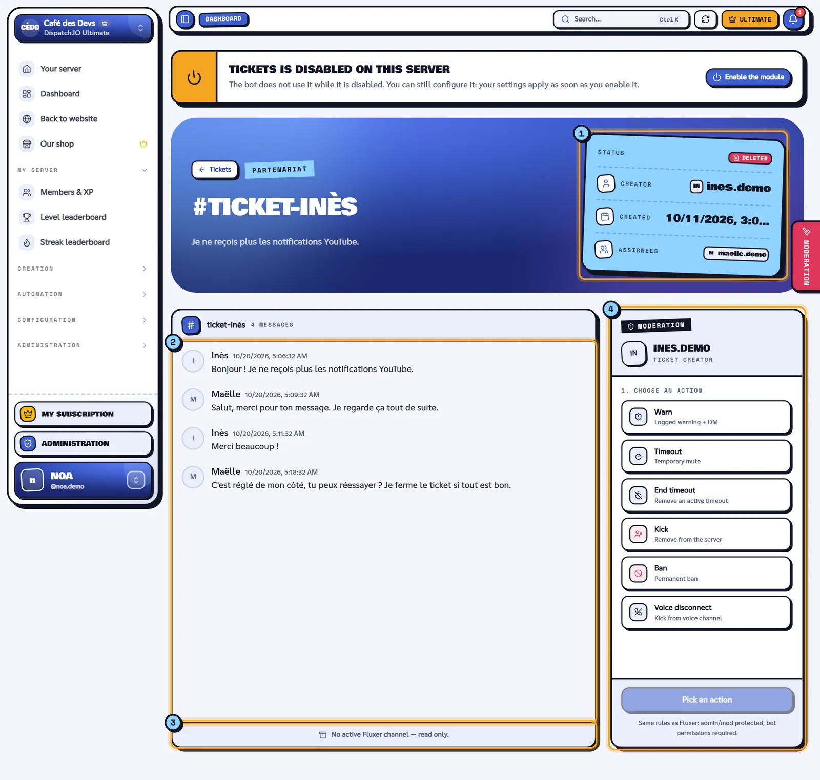 Inès's deleted ticket: its saved transcript, read only. Workspace of a deleted ticket with its saved transcript and the moderation panel