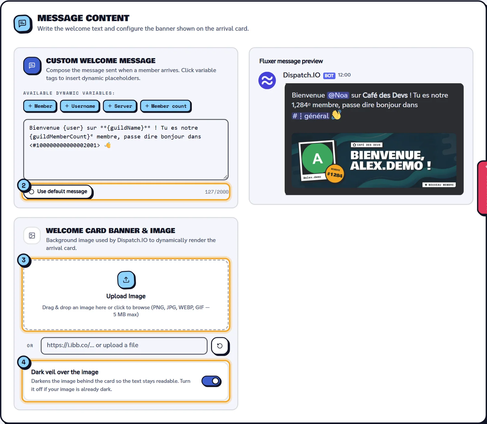 The message, the image and the live preview, before saving. Welcome message content with variables, background image and Fluxer preview