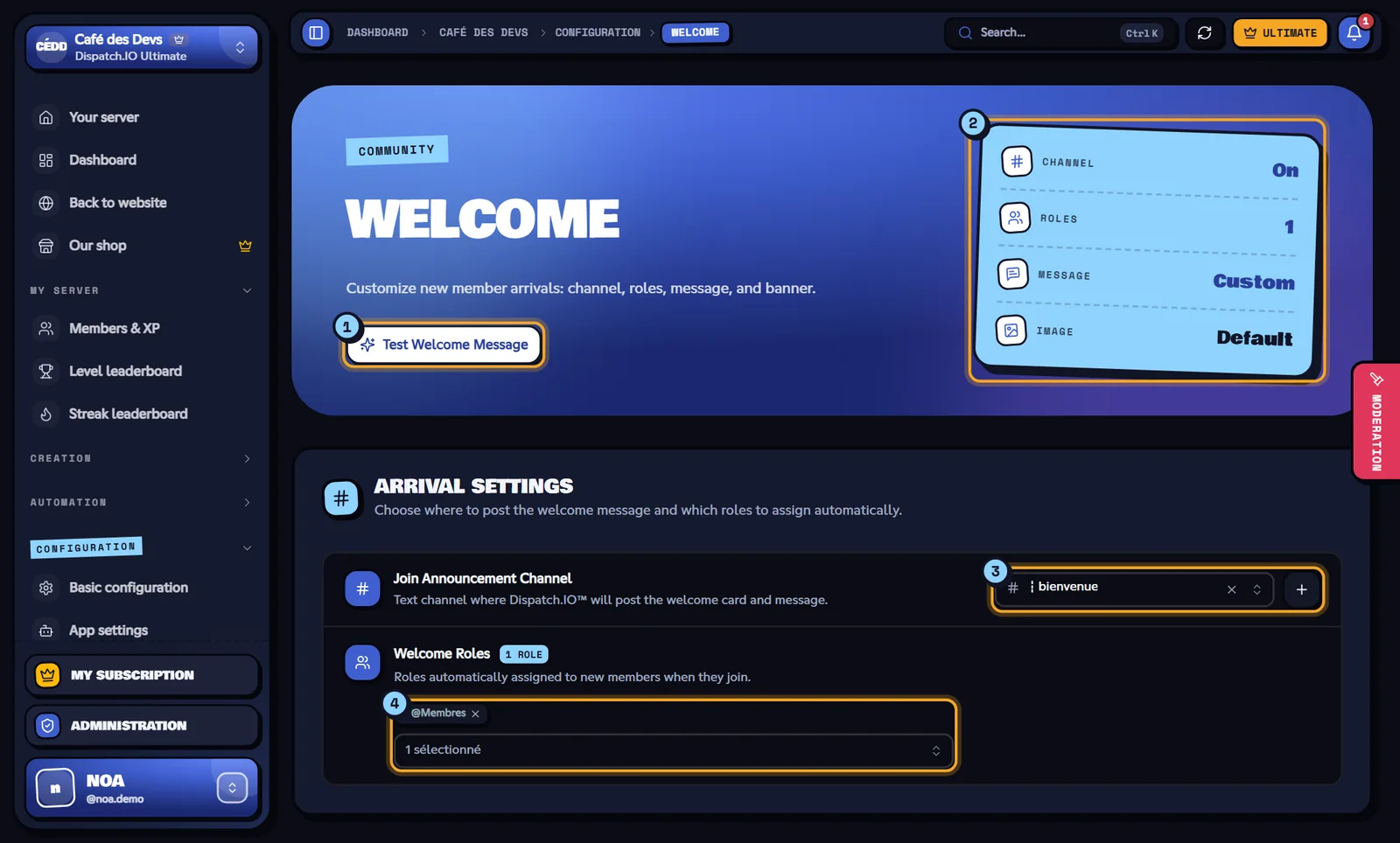 The Welcome page of the Café des Devs server. Welcome page with the test button, the indicators and the arrival settings