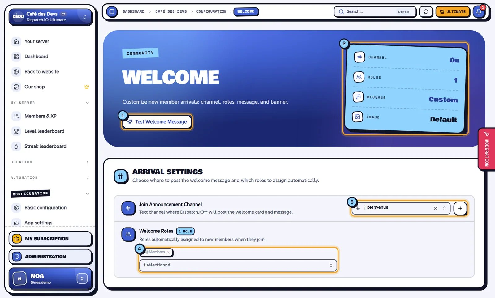 The Welcome page of the Café des Devs server. Welcome page with the test button, the indicators and the arrival settings