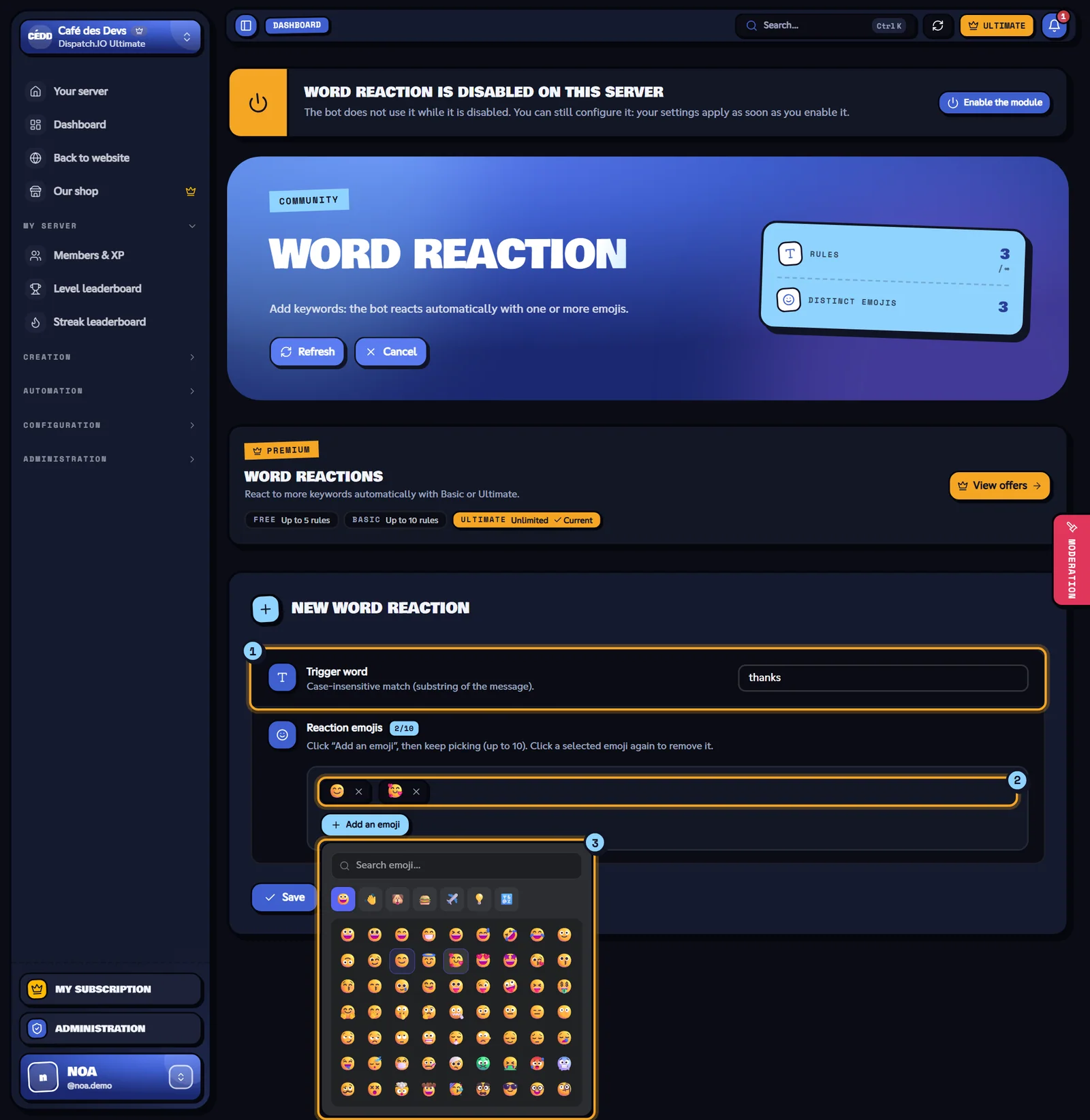 The creation form with the emoji picker open. New word reaction form with the emoji picker open