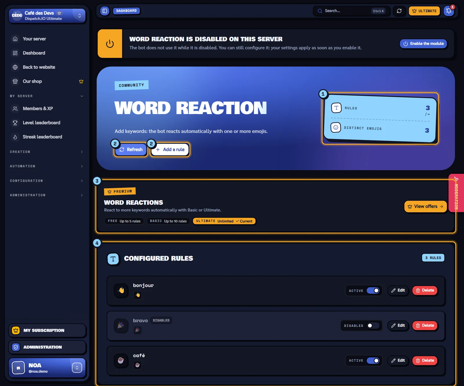 The Word reaction page of the Café des Devs server. Word reaction page with three rules