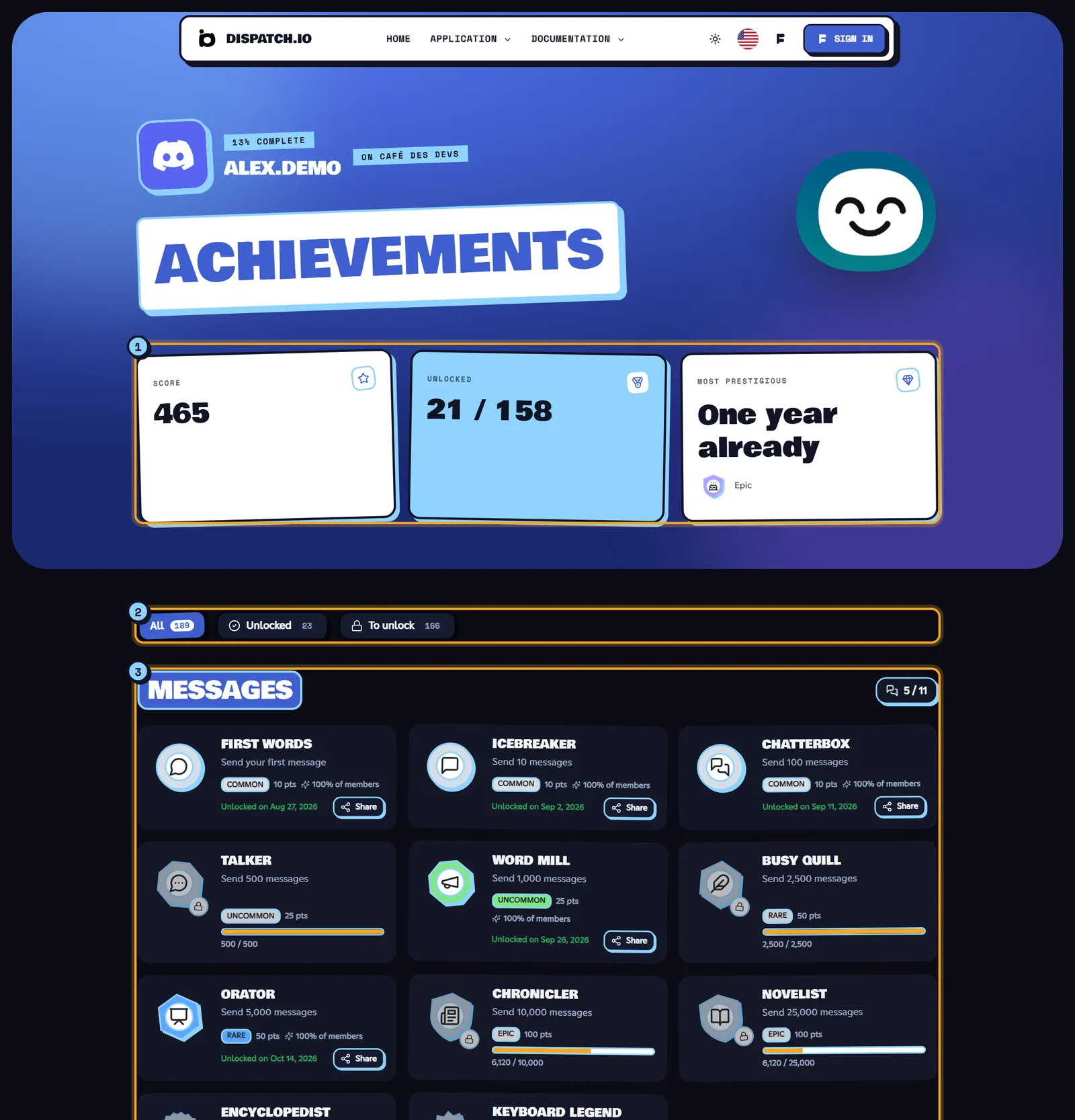 A member's achievements page. Alex's achievements page on Café des Devs: score, unlocked achievements, filters and categories
