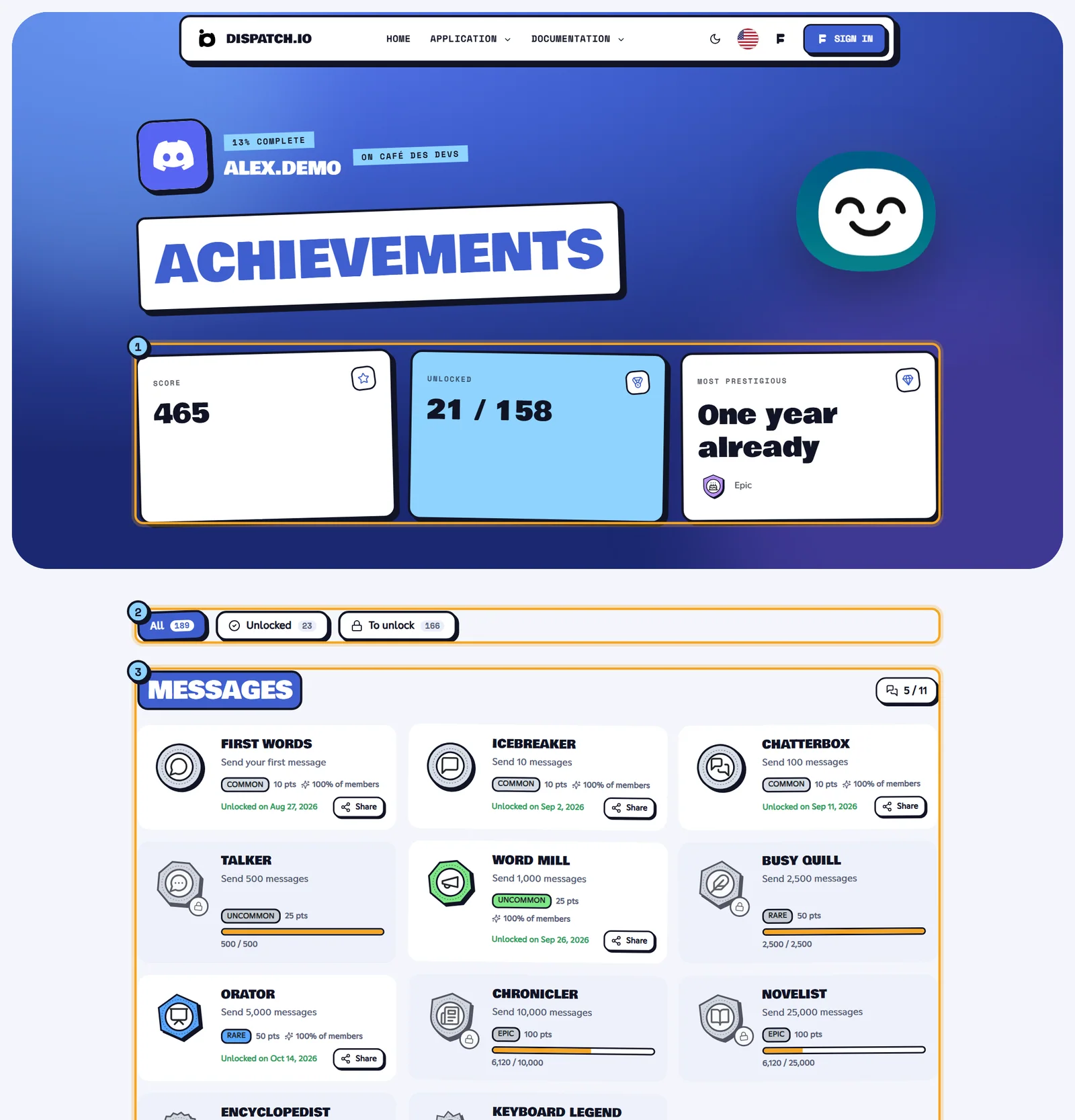 A member's achievements page. Alex's achievements page on Café des Devs: score, unlocked achievements, filters and categories