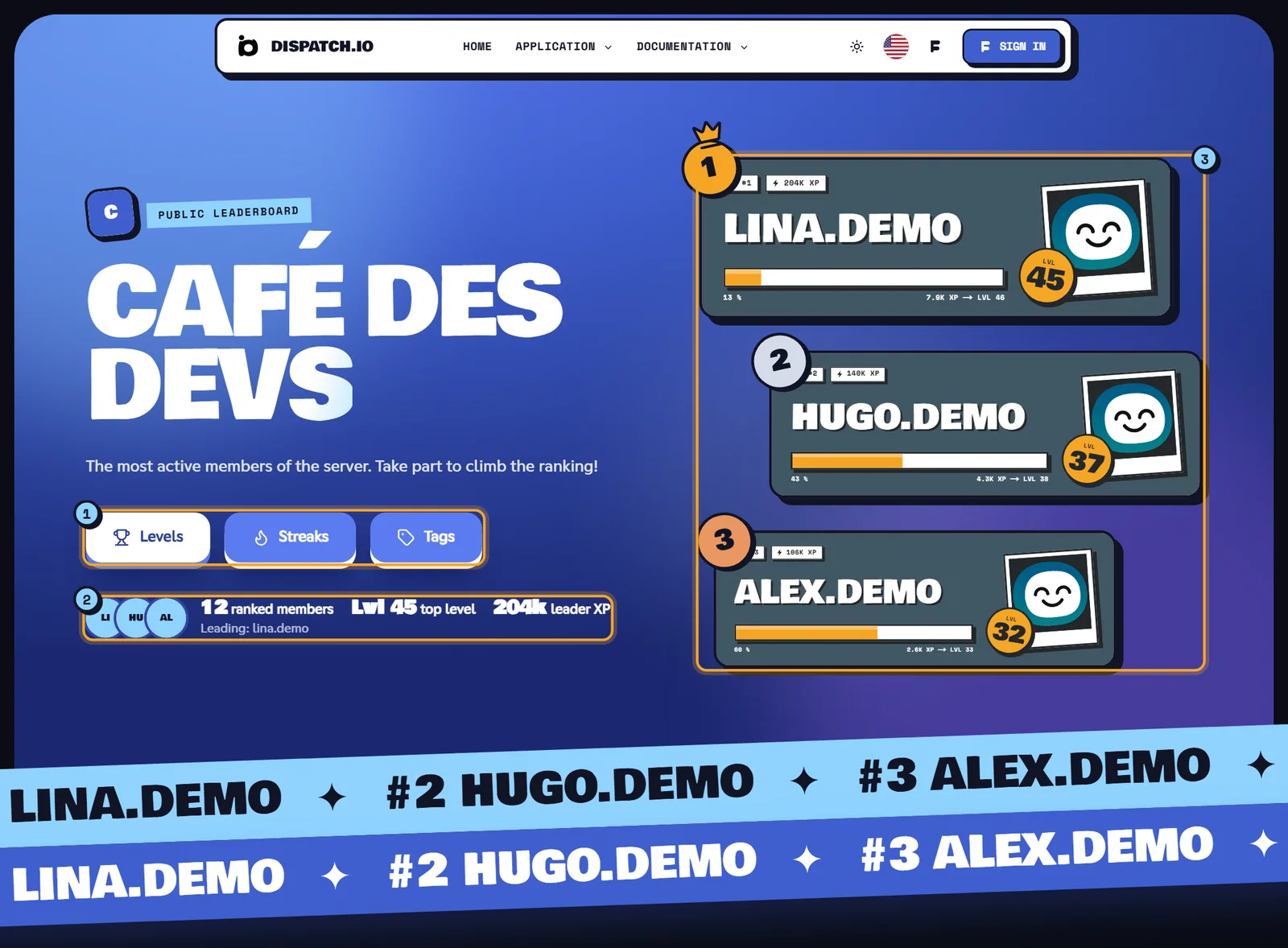The level leaderboard of Café des Devs Level leaderboard of the Café des Devs server: blue header with the server name, Levels and Streaks buttons, key figures and a podium of the top three
