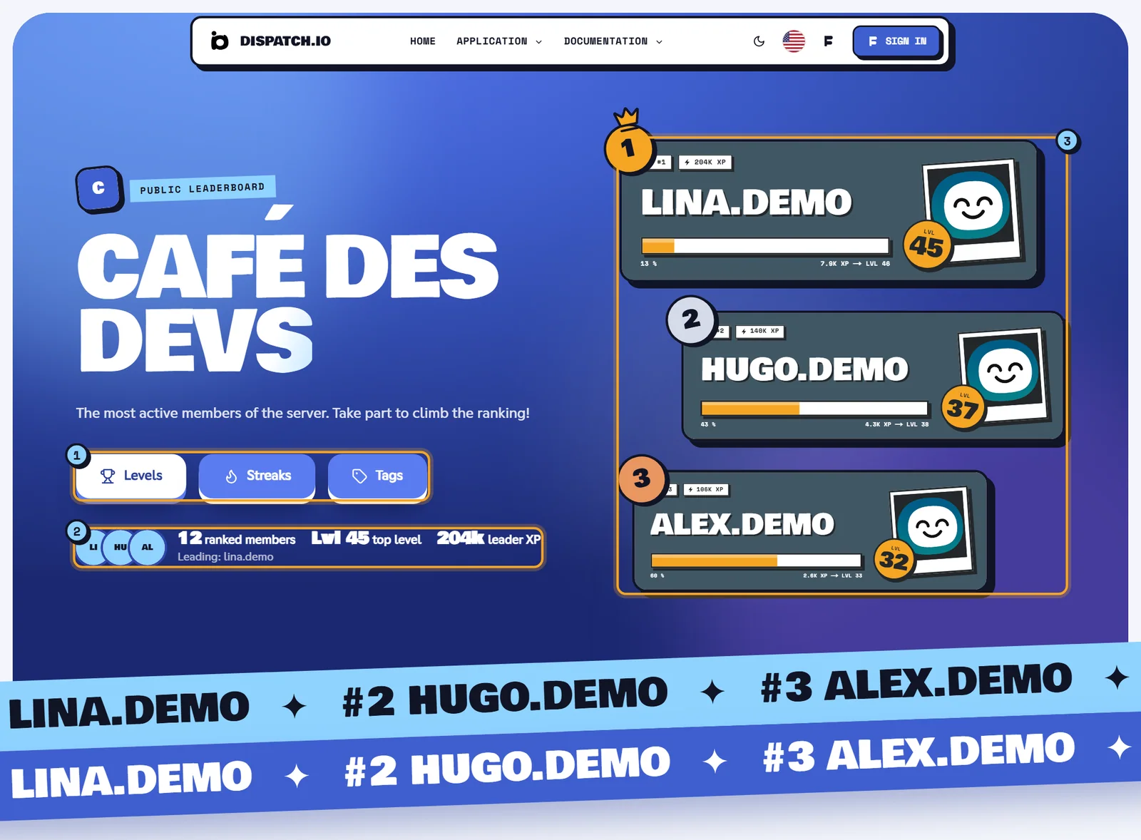 The level leaderboard of Café des Devs Level leaderboard of the Café des Devs server: blue header with the server name, Levels and Streaks buttons, key figures and a podium of the top three