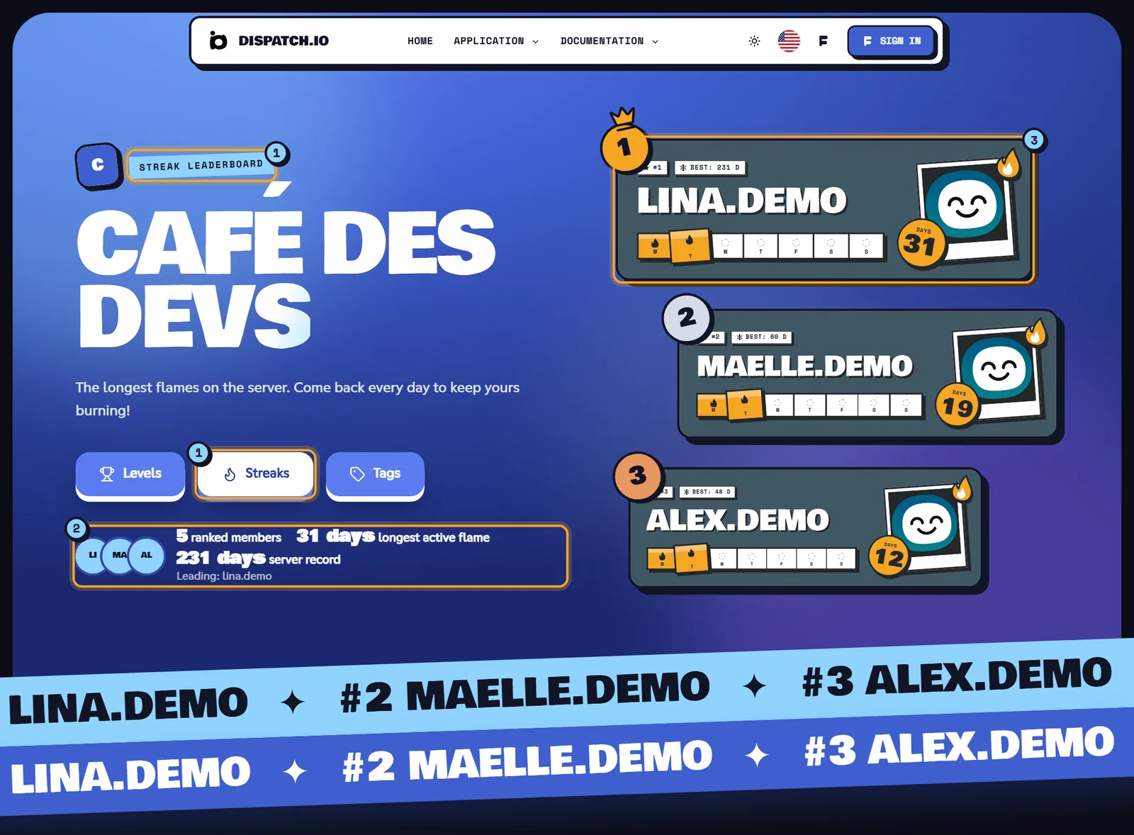 The flame leaderboard Flame leaderboard of Café des Devs: header with the Streaks button active, key figures and a podium of flame cards showing the days of the week