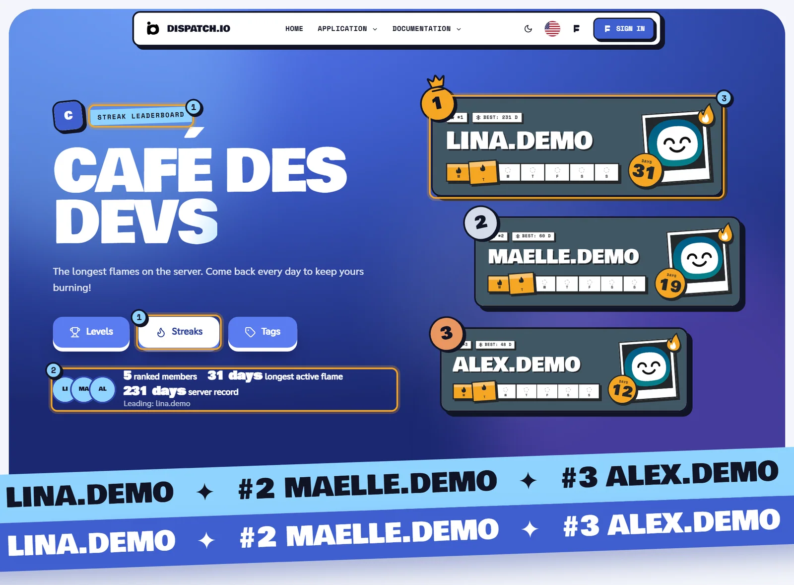 The flame leaderboard Flame leaderboard of Café des Devs: header with the Streaks button active, key figures and a podium of flame cards showing the days of the week