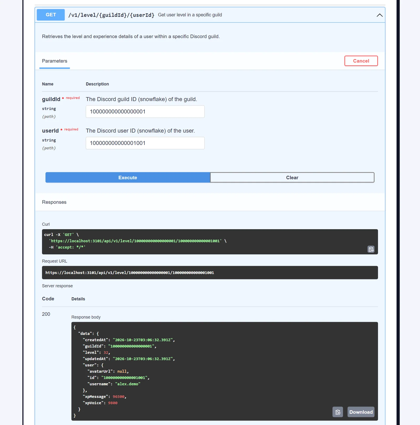 Trying an address with Try it out then Execute The GET /v1/level/{guildId}/{userId} address expanded in Swagger after Execute: parameters filled in and a 200 response with the member's level