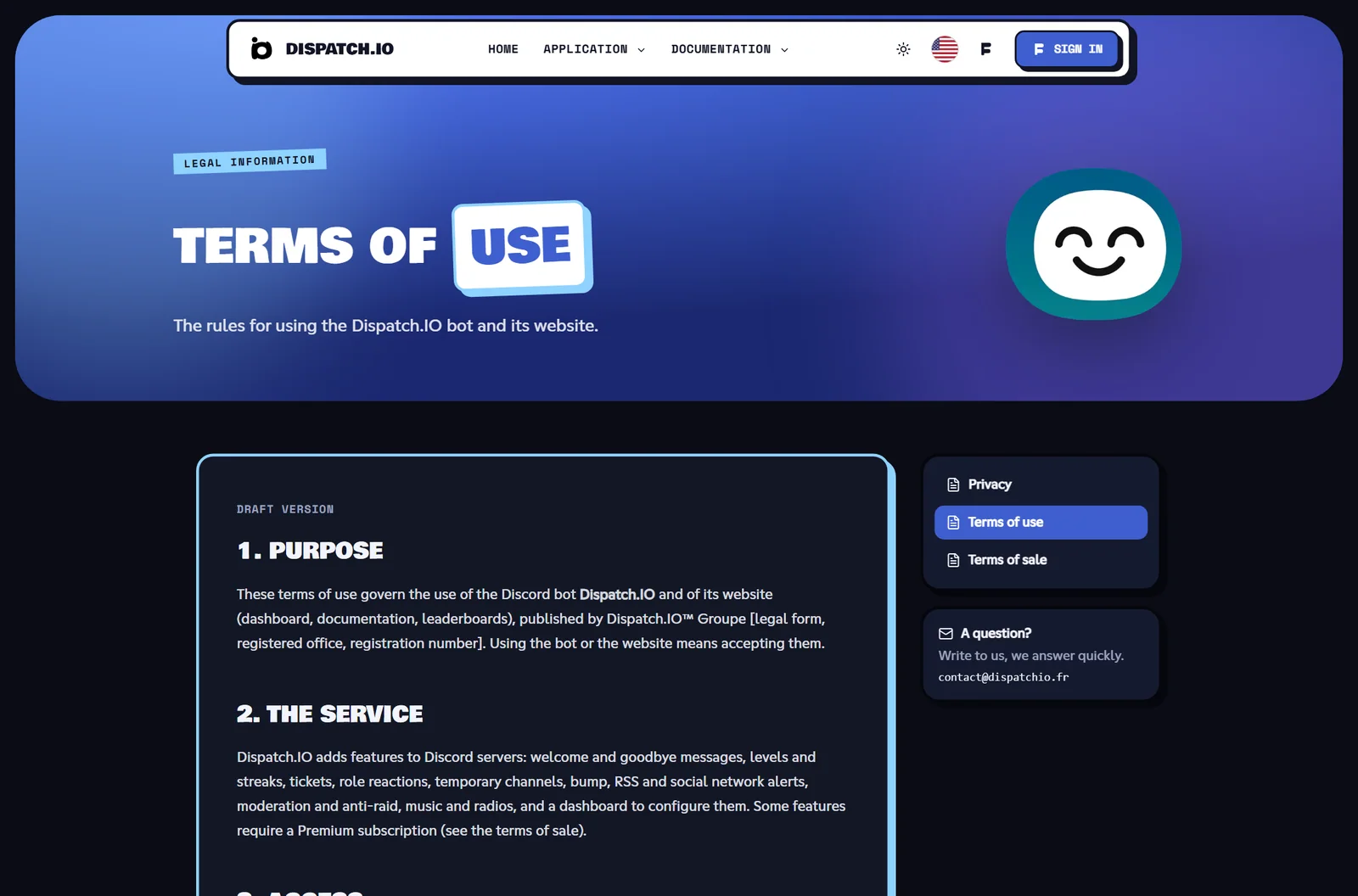The legal pages are still being written Terms of Use page: title, summary and a box saying the page is under construction