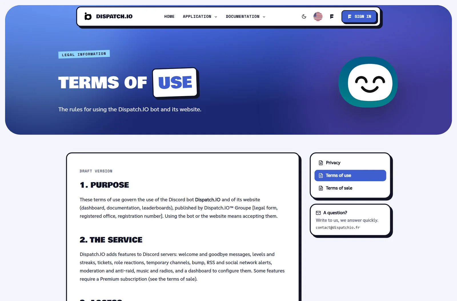 The legal pages are still being written Terms of Use page: title, summary and a box saying the page is under construction