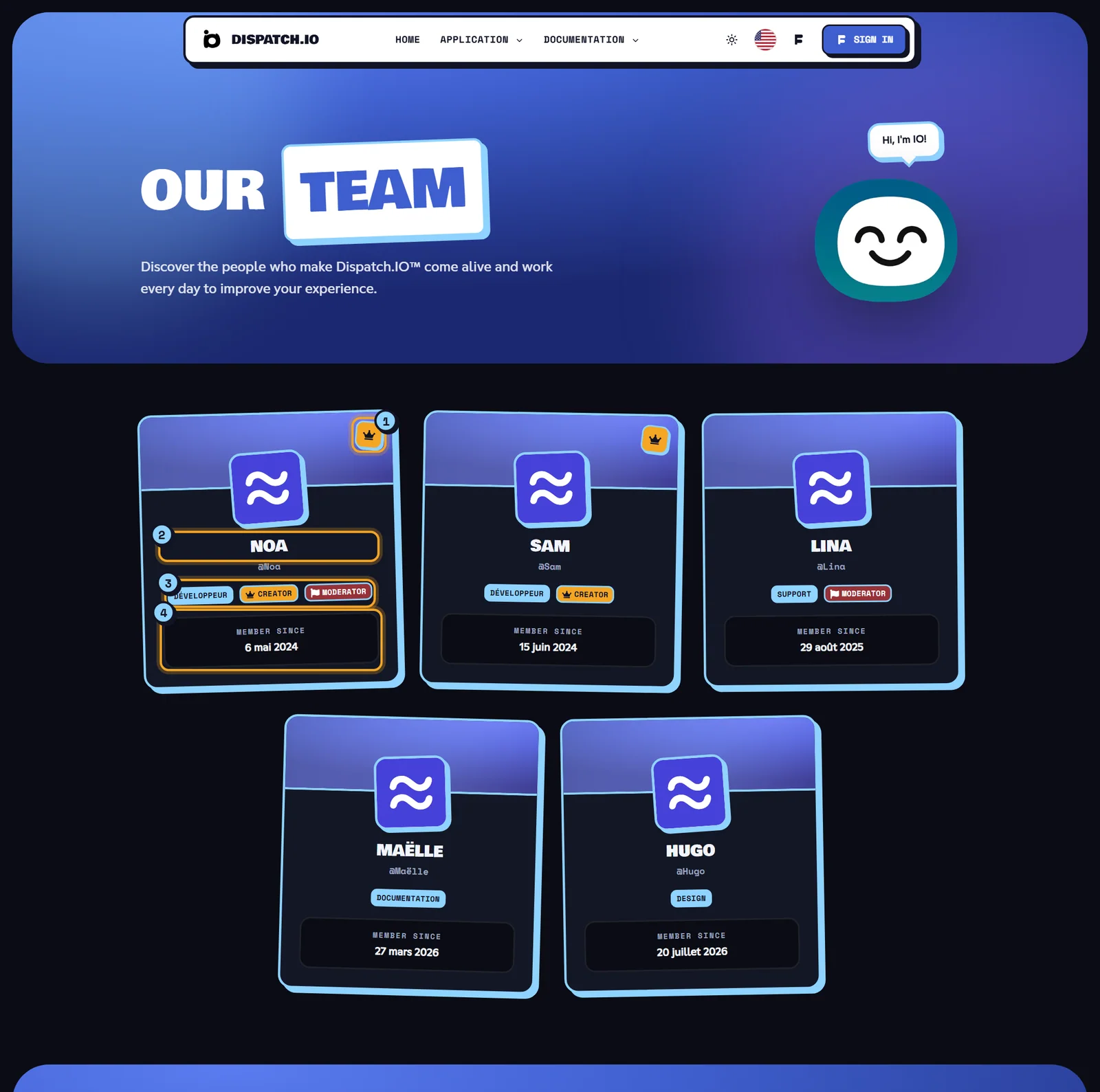 The Our Team page Our Team page: a grid of member cards with a blue banner, avatar, name and badges