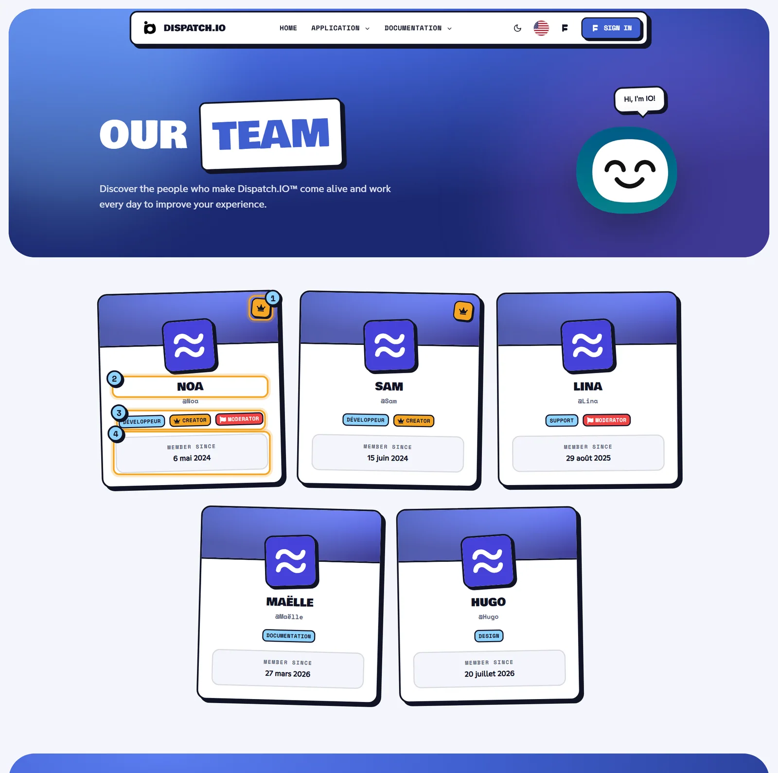 The Our Team page Our Team page: a grid of member cards with a blue banner, avatar, name and badges
