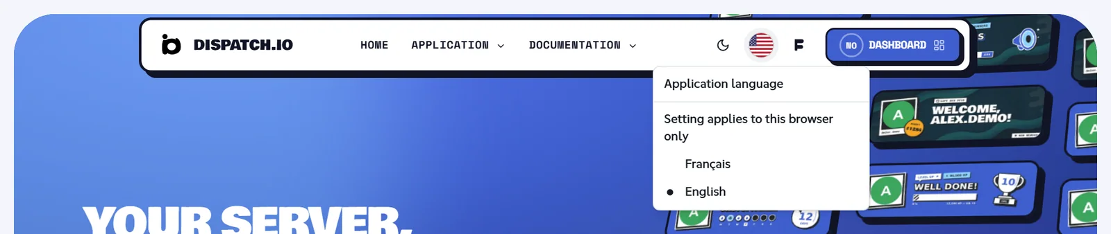 Application language menu opened from the flag in the top menu, with the Français and English options