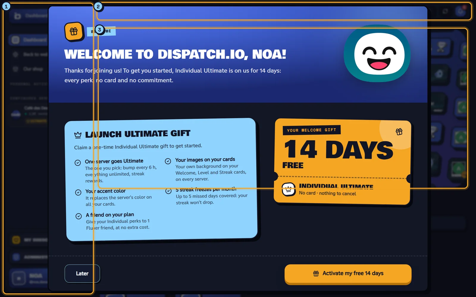 The dashboard: the sidebar (1), the top bar (2) and the page content (3). Noa's dashboard with the sidebar, the top bar and the page content