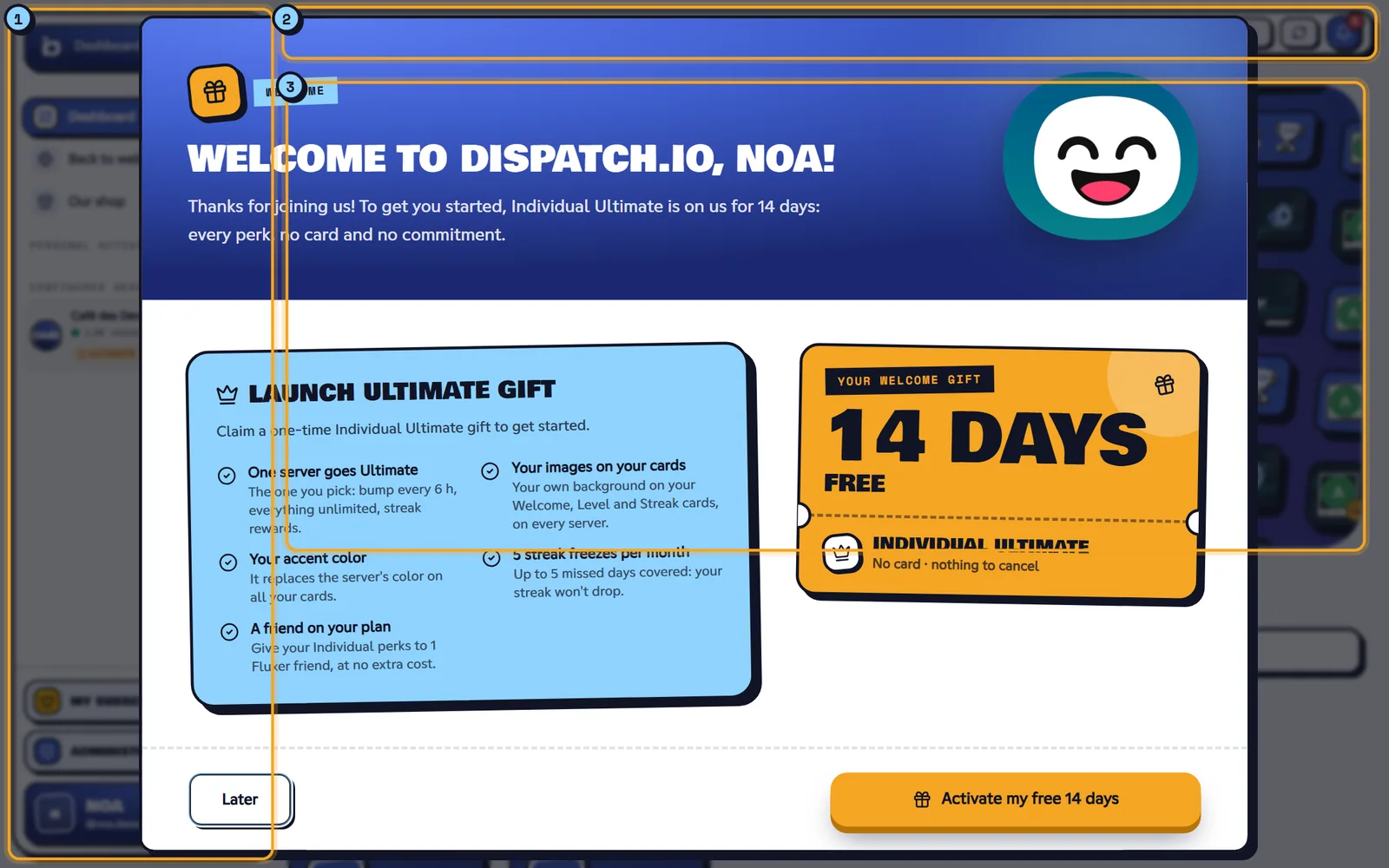 The dashboard: the sidebar (1), the top bar (2) and the page content (3). Noa's dashboard with the sidebar, the top bar and the page content