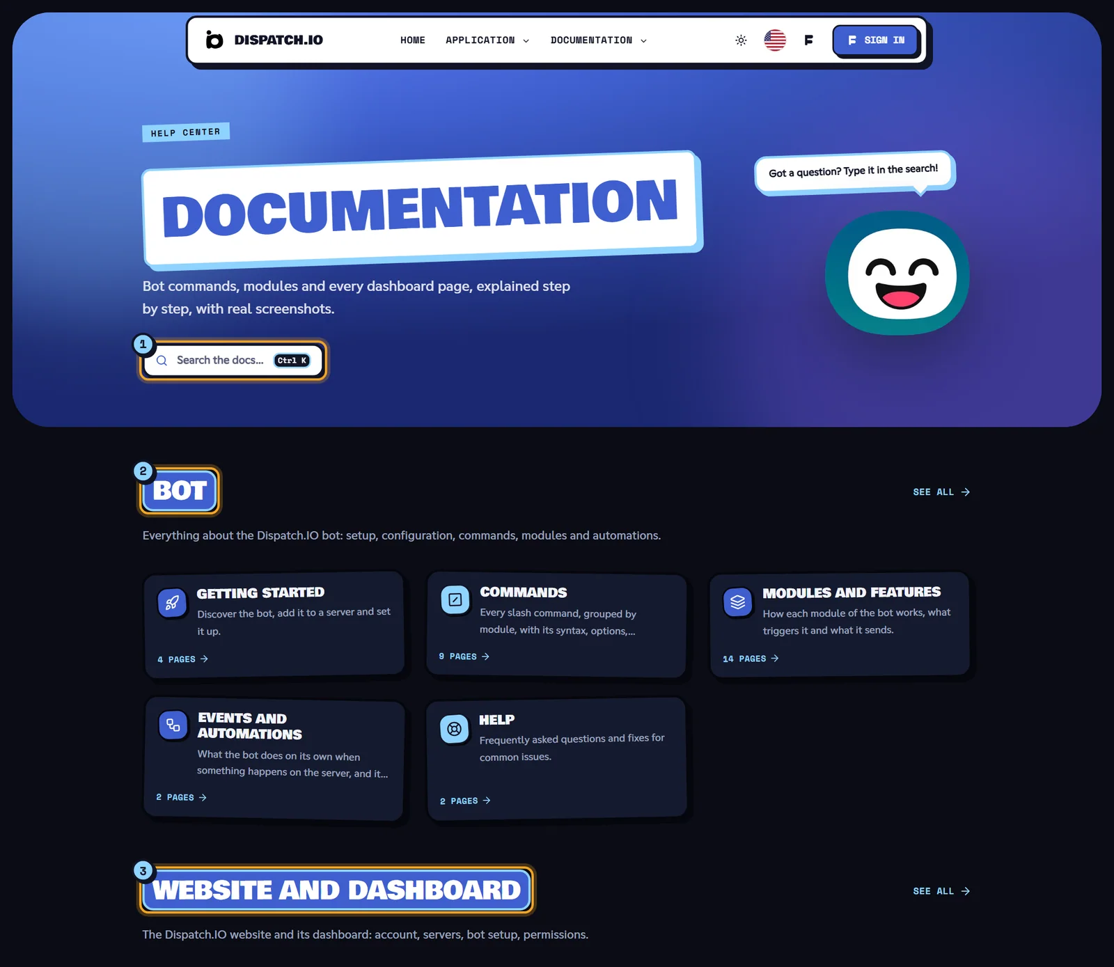 The documentation home: the search (1), then one block per space, here Bot (2) and Website and dashboard (3). Documentation home with the search field and the two spaces