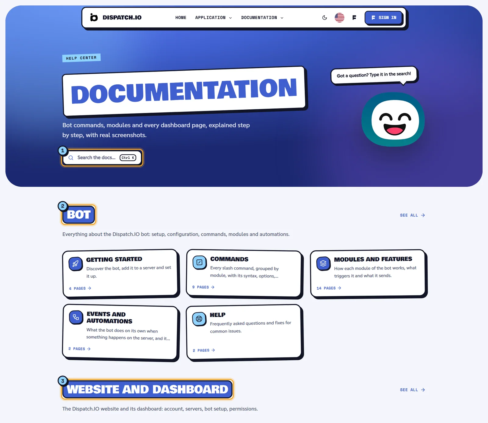 The documentation home: the search (1), then one block per space, here Bot (2) and Website and dashboard (3). Documentation home with the search field and the two spaces