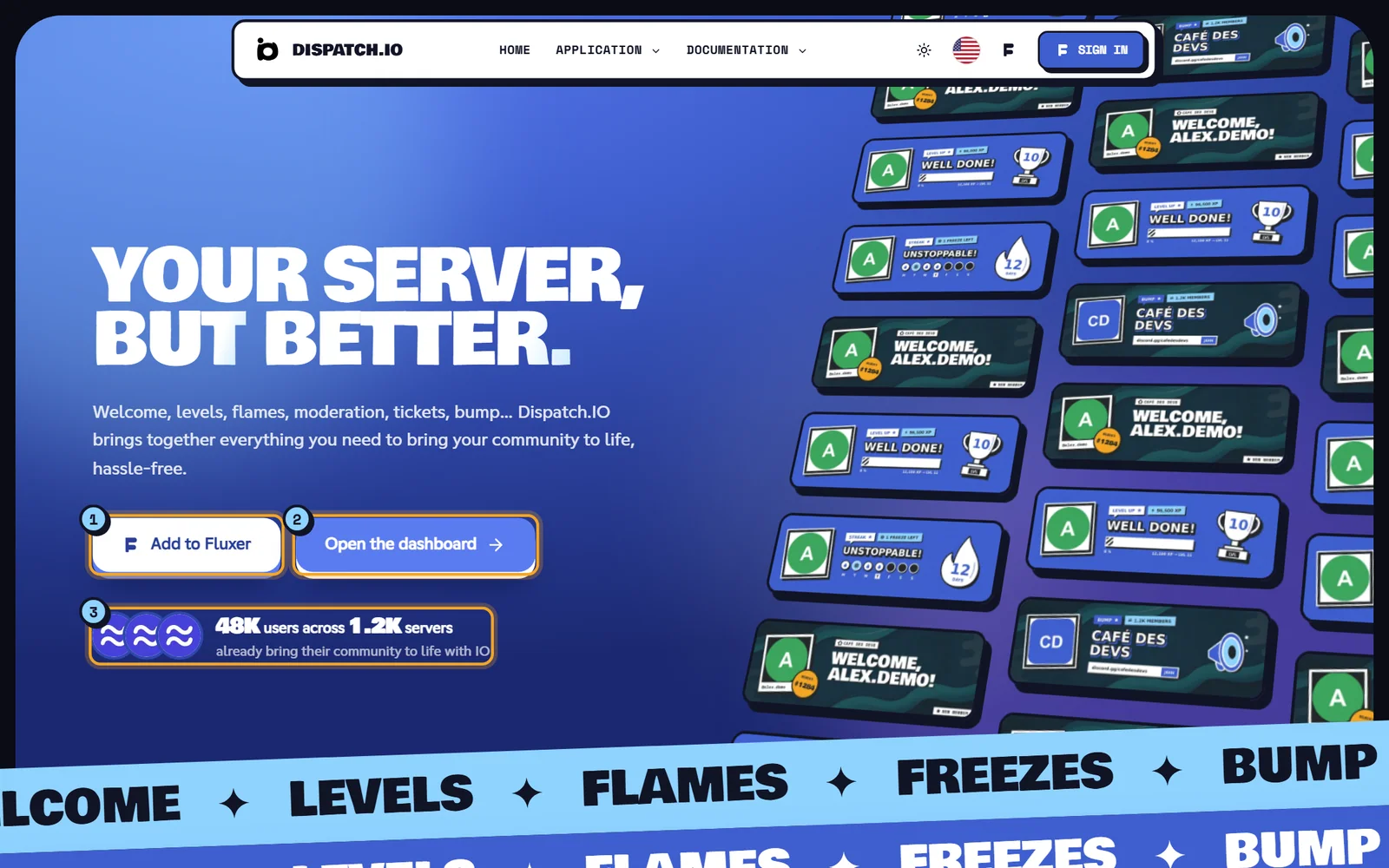 The top of the home page: the Add to Fluxer button (1), the Open the dashboard button (2) and the counters (3). Top of the Dispatch.IO home page with the title, both buttons and the user counter