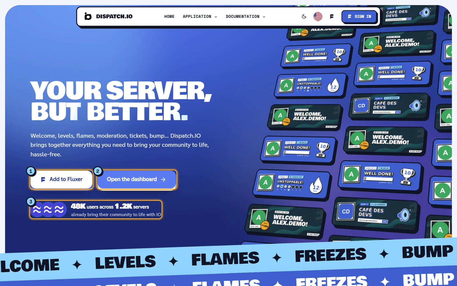 The top of the home page: the Add to Fluxer button (1), the Open the dashboard button (2) and the counters (3). Top of the Dispatch.IO home page with the title, both buttons and the user counter