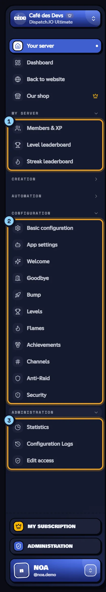 A server's menu: My server, Configuration and Administration. Server dashboard menu with its three groups
