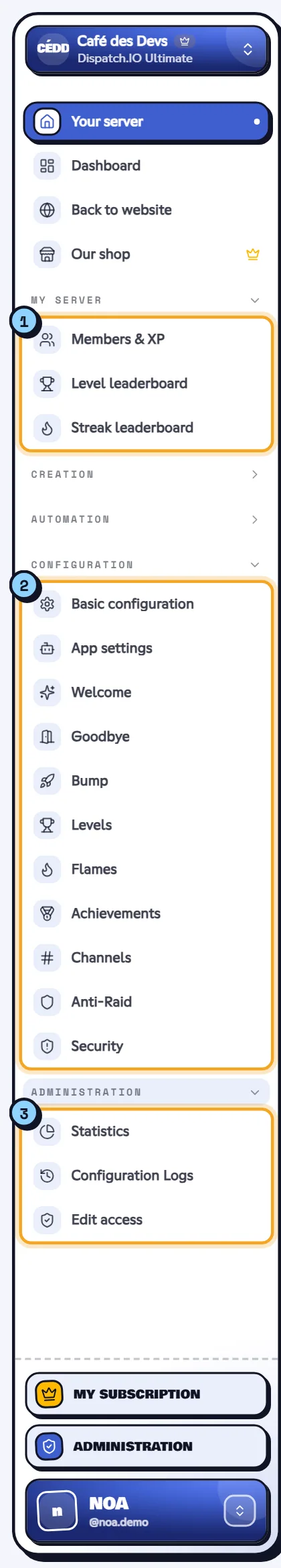 A server's menu: My server, Configuration and Administration. Server dashboard menu with its three groups