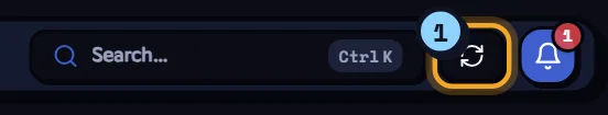 The sync button (1), here cooling down: it shows the time left before you can try again. Sync Fluxer Data button in the top bar, waiting before another try