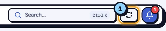 The sync button (1), here cooling down: it shows the time left before you can try again. Sync Fluxer Data button in the top bar, waiting before another try