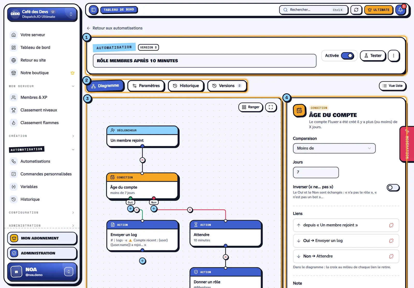 Le diagramme et le panneau de réglage du bloc sélectionné. Éditeur d'automatisation en diagramme, un bloc sélectionné