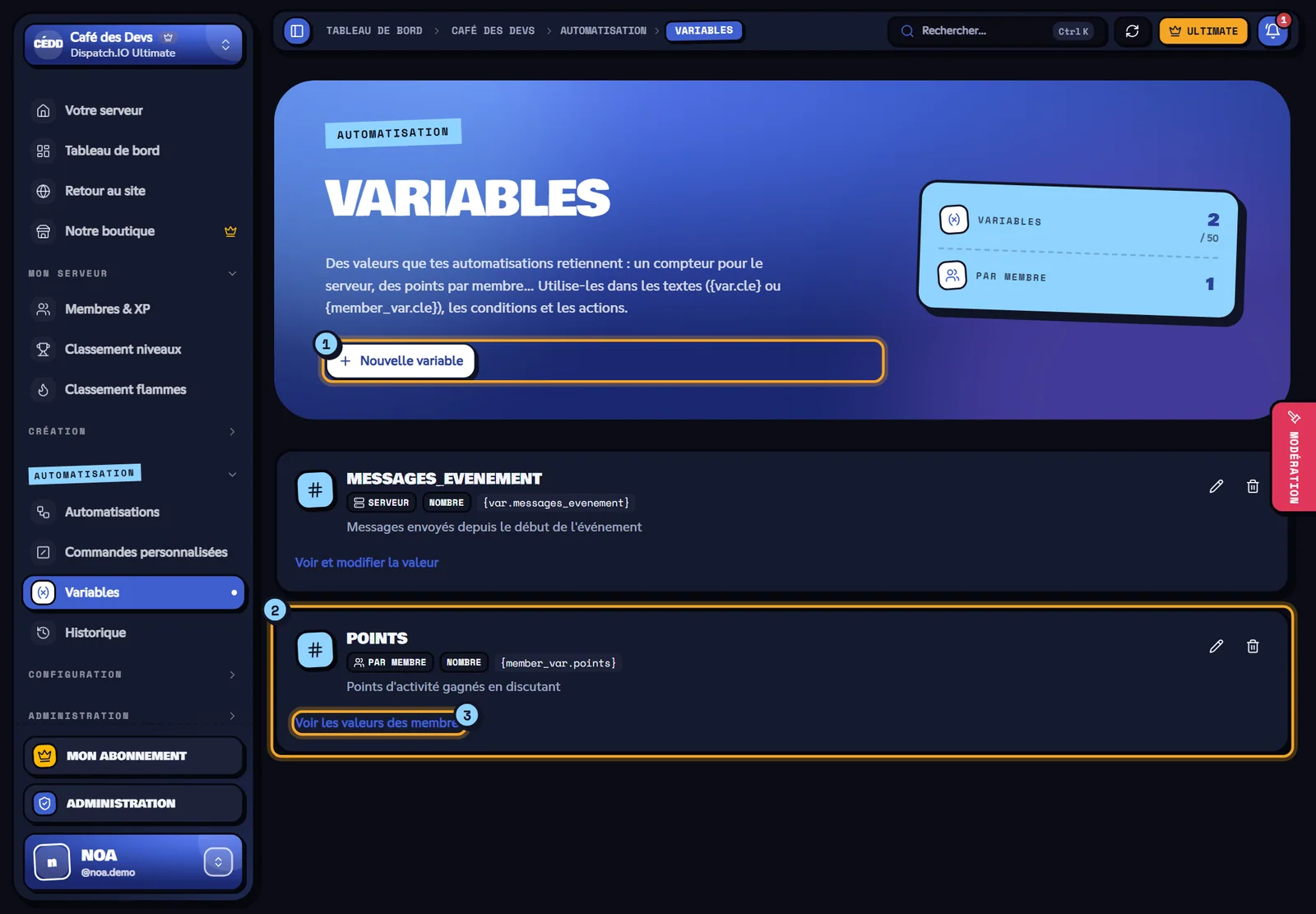 Page Variables avec une variable de points par membre