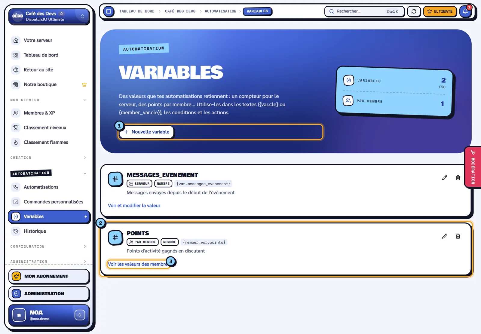 Page Variables avec une variable de points par membre