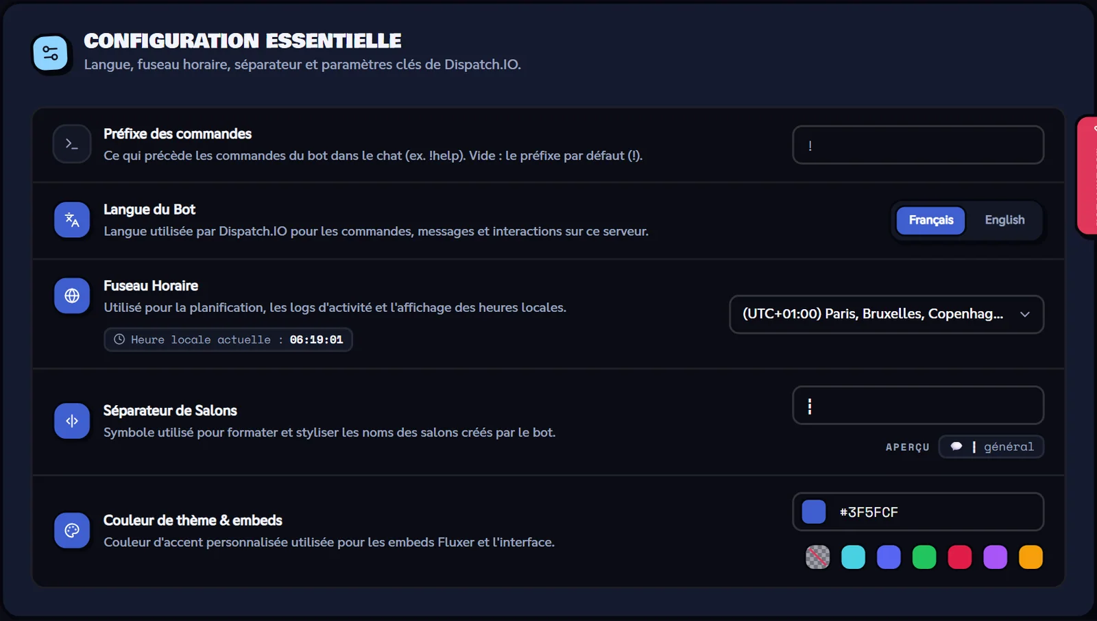 La page Configuration de base du site : langue, fuseau horaire, séparateur et couleur. Page Configuration de base du tableau de bord