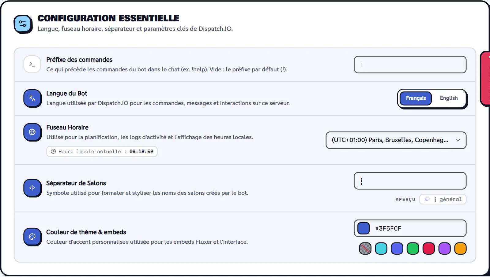 La page Configuration de base du site : langue, fuseau horaire, séparateur et couleur. Page Configuration de base du tableau de bord