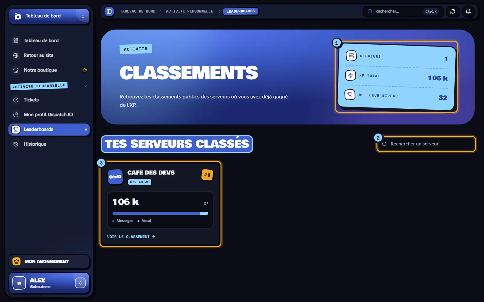 La page Classements : les compteurs (1), la recherche (2) et une carte de serveur avec son bouton Voir le classement (3). Page Classements avec les compteurs et les cartes de serveurs