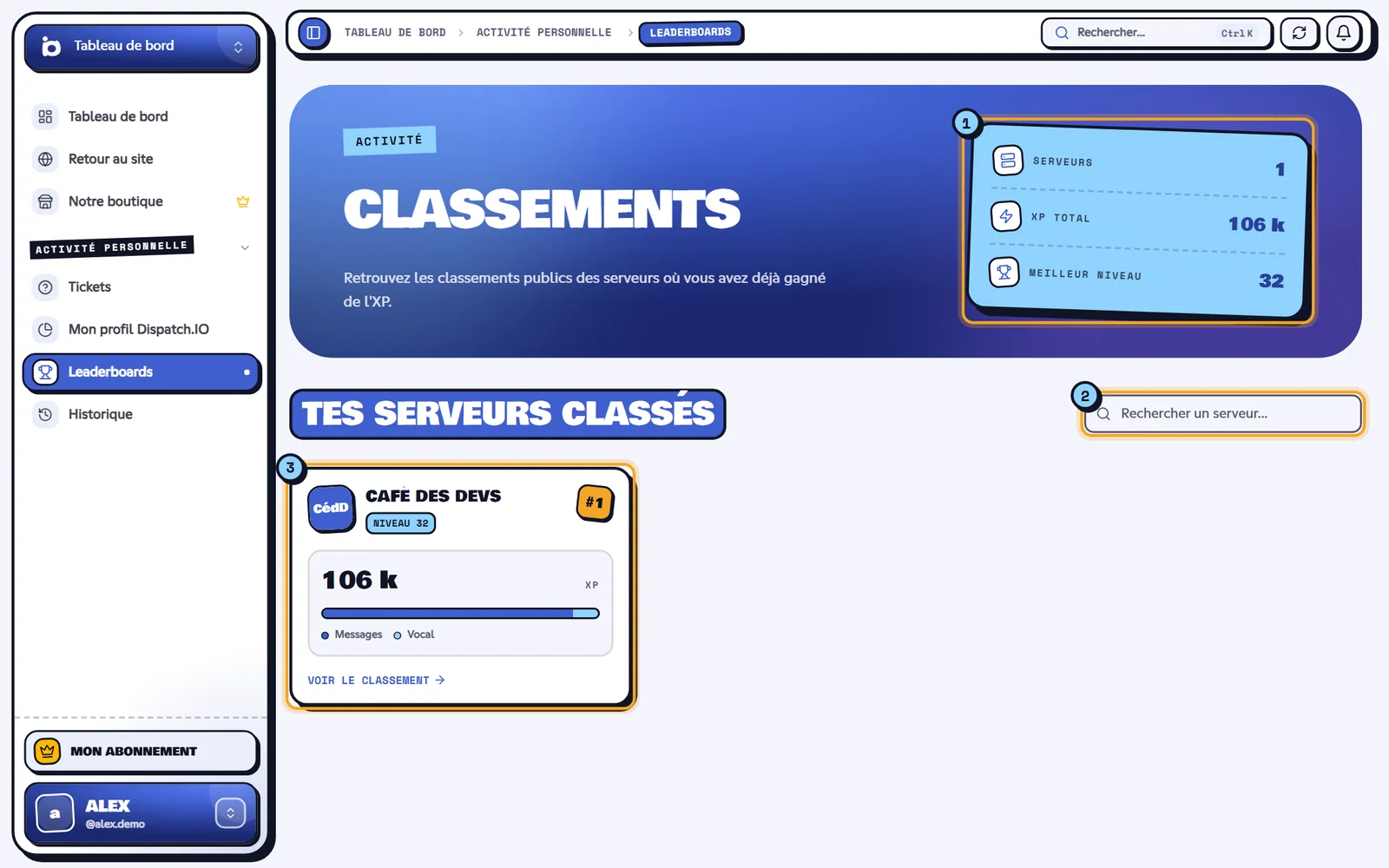 La page Classements : les compteurs (1), la recherche (2) et une carte de serveur avec son bouton Voir le classement (3). Page Classements avec les compteurs et les cartes de serveurs